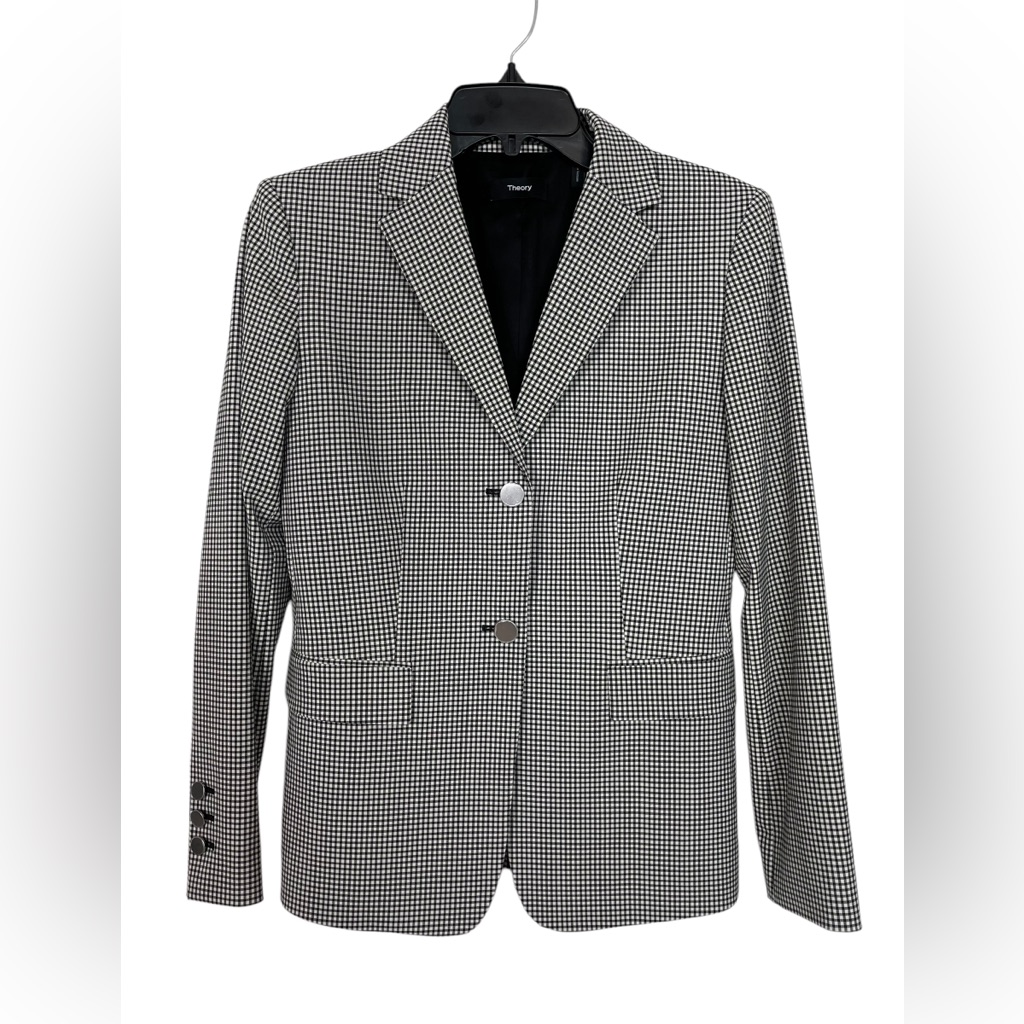 Theory Women’s Slim Wool Blend Blazer Nwot Black White Gingham Careerwear Size 2